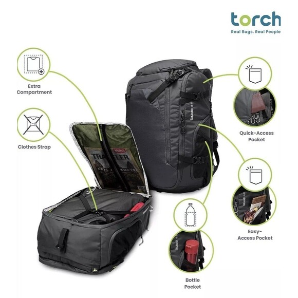 TORCH 40L Travel Backpack for Men - Large Carry On - Black NWT - Picture 2 of 10